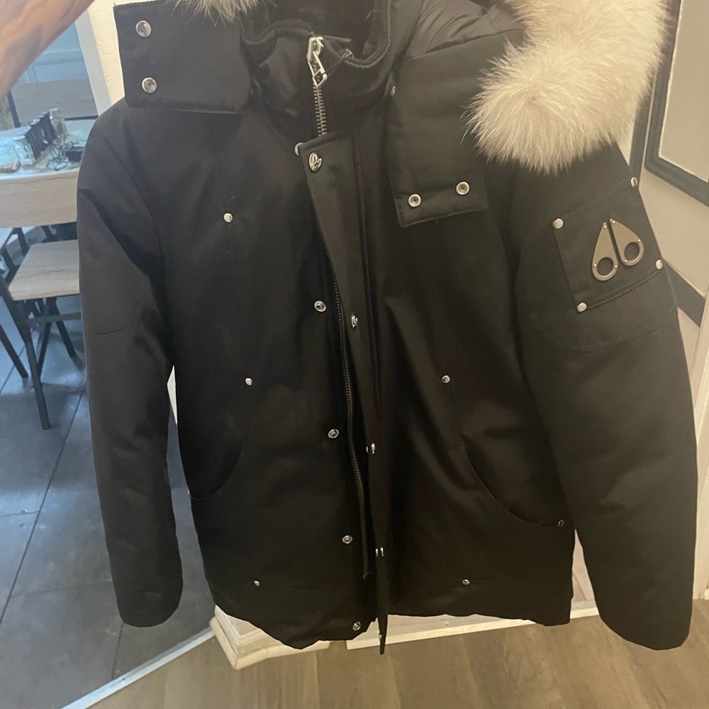 Moose Knuckles Black Puffer Coat with Fur Hood